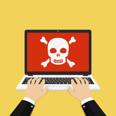 Bilgisayar sistemi hatası kavramı. Eller dizüstü bilgisayarda klavyede ve kafatası dizüstü bilgisayarda kırmızı ekranda. Düz vektör illüstrasyonu.