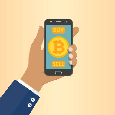 Afro-Amerikalı işadamı, mobil uygulama ekranında Bitcoin sembolü ve satın alma ve satış düğmeleri olan bir telefon tutuyor. Düz tasarım vektör çizimi.
