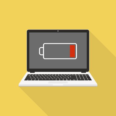 Düşük pil işaretli dizüstü bilgisayar ekranda. Vektör İllüstrasyonu. Düz biçim tasarımı.