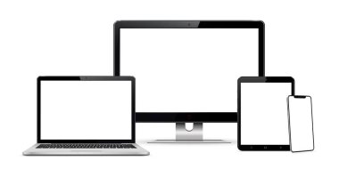 Masaüstü bilgisayarı, dizüstü bilgisayarı, tableti ve akıllı telefon modeli. Vektör illüstrasyonu.
