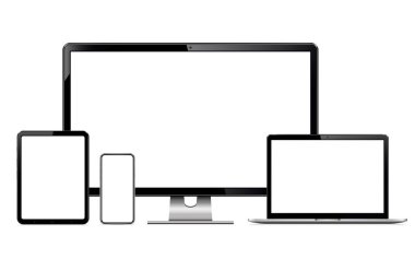 Modern teknoloji cihazları seti - bilgisayar monitörü, laptop, dijital tablet ve boş ekranlı cep telefonu. Beyaz arka planda izole edilmiş. Vektör illüstrasyonu.