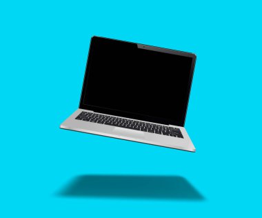 Laptop mavi arkaplanda yüzüyor. Vektör illüstrasyonu.