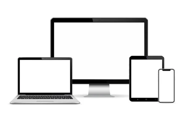 Conjunto Pantallas Blanco Con Monitor Computadora Computadora Portátil Tableta Smartphone — Vector de stock