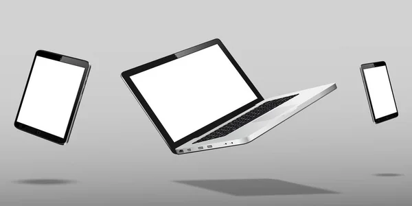 Laptop Handy Und Tablet Schweben Über Grauem Hintergrund Vektorillustration — Stockvektor