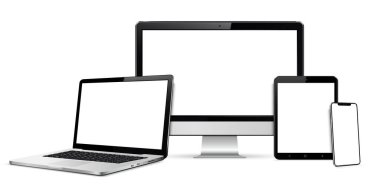 Aygıt ekran modeli. Akıllı telefon, tablet, dizüstü bilgisayar ve monoblock monitörü, boş ekranlı. Vektör illüstrasyonu.