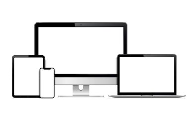 Modern teknoloji cihazları seti - monoblock monitör, laptop, dijital tablet ve boş ekranlı akıllı telefon. Beyaz arka planda izole edilmiş. Vektör illüstrasyonu.