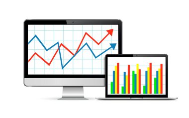 Monoblock bilgisayar monitörü ve finansal haritası ve grafiği olan modern bir laptop. Beyaz arka planda izole edilmiş. Vektör illüstrasyonu.