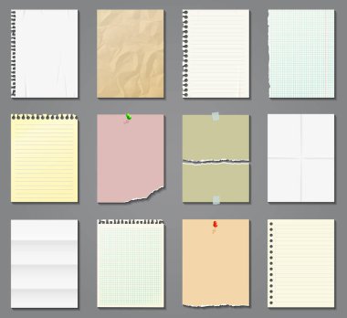 Blank paper sheets in a cage, in a line and aged on grey background. Vector illustration. clipart