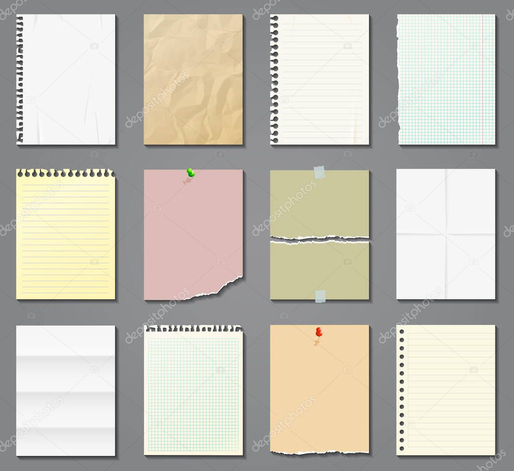 Blank paper sheets in a cage, in a line and aged on grey background. Vector illustration.