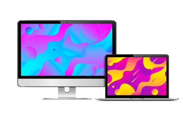 Laptop izole edilmiş ilgili web tasarımı bilgisayar görüntüsü. Aygıt ekranında soyut geometrik arkaplan. Vektör illüstrasyonu.