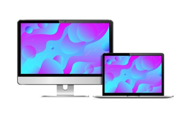 Laptop izole edilmiş ilgili web tasarımı bilgisayar görüntüsü. Aygıt ekranında soyut geometrik arkaplan. Vektör illüstrasyonu.