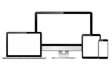 Dijital aygıtlar ekran modeli. Akıllı telefon, tablet, dizüstü bilgisayar ve boş ekranlı bilgisayar monitörü. Beyaz arka planda izole edilmiş. Vektör illüstrasyonu.