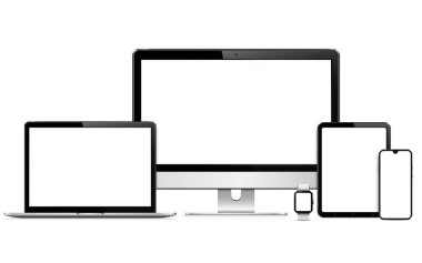 Tepkili web tasarımı bilgisayar görüntüleme, dizüstü bilgisayar, tablet bilgisayar, telefon ve akıllı seğirme. Beyaz arka planda izole edilmiş. Vektör illüstrasyonu.