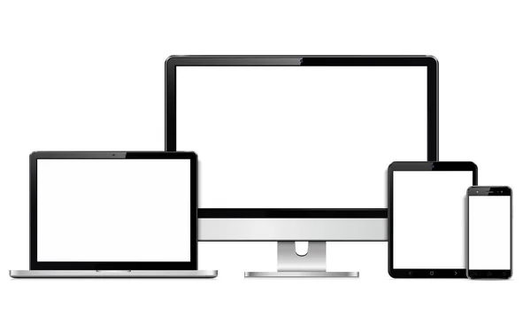 Dispositivos Digitais Tela Mockup Smartphone Tablet Laptop Monitor Computador Com —  Vetores de Stock