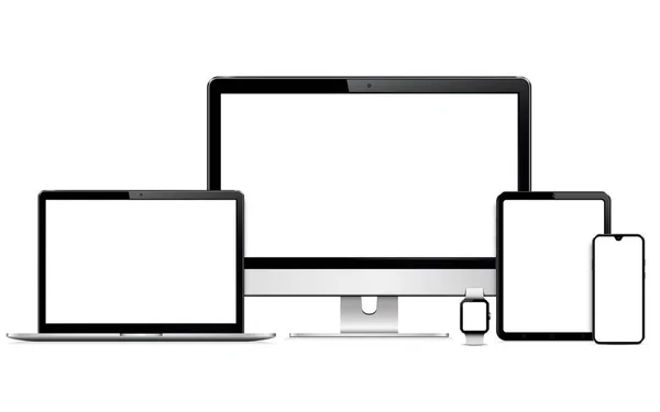 Responsive Webdesign Computerdisplay Laptop Tablet Telefon Und Smartwatch Vereinzelt Auf — Stockvektor