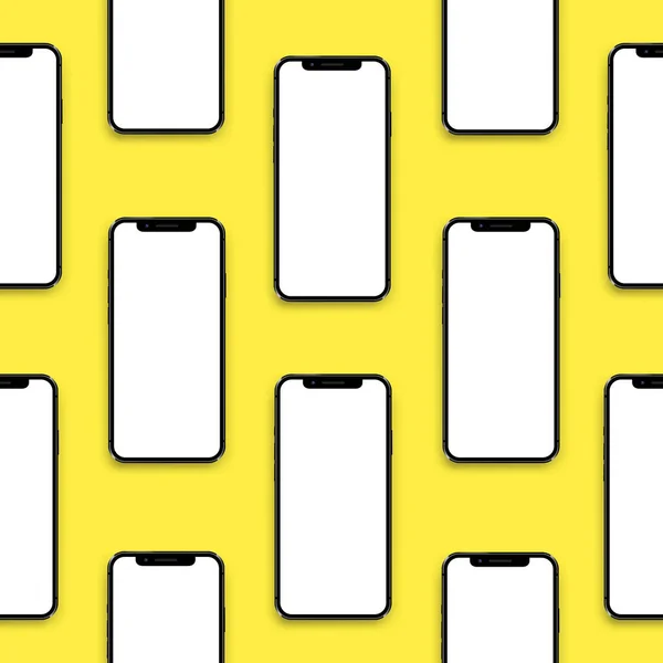 Smartfony Prezentacja Makiety Płynny Wzór Wiele Smartfonów Żółtym Tle Ilustracja — Wektor stockowy