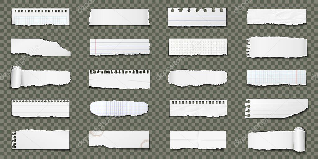 Torn paper strips set. Paper scraps with torn edges isolated on transparent background. Vector illustration.