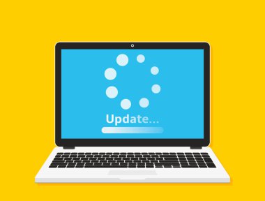 Sistem yazılım güncelleme kavramı. İşlem dizüstü bilgisayarda yükleniyor. Vektör illüstrasyonu.