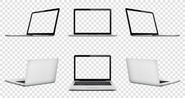 Şeffaf arkaplanda şeffaf ekranı olan dizüstü bilgisayar. Perspektif, boş ekran ile ön ve arka görünüm.