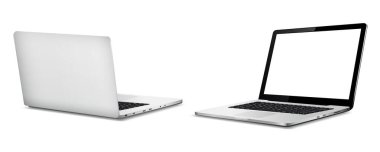 Laptop önü ve arkası beyaz arka planda izole edilmiş. Vektör illüstrasyonu.