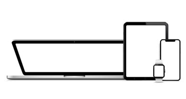 Kapalı dizüstü bilgisayar, tablet, telefon ve akıllı saat boş ekran ile taklit edilir. Vektör illüstrasyonu.