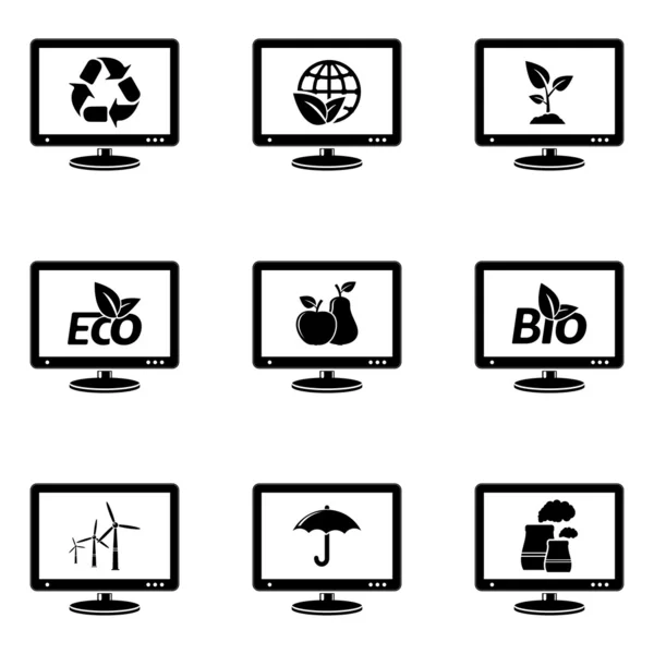 Monitorear iconos con signos de ecología — Archivo Imágenes Vectoriales