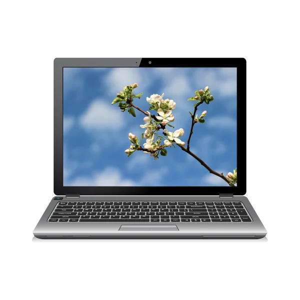 Modern laptop with apple blossoms wallpaper — Stock Photo, Image