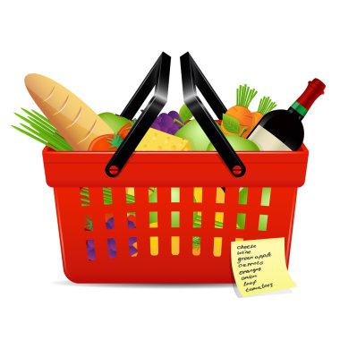 Shopping list and basket with foods clipart