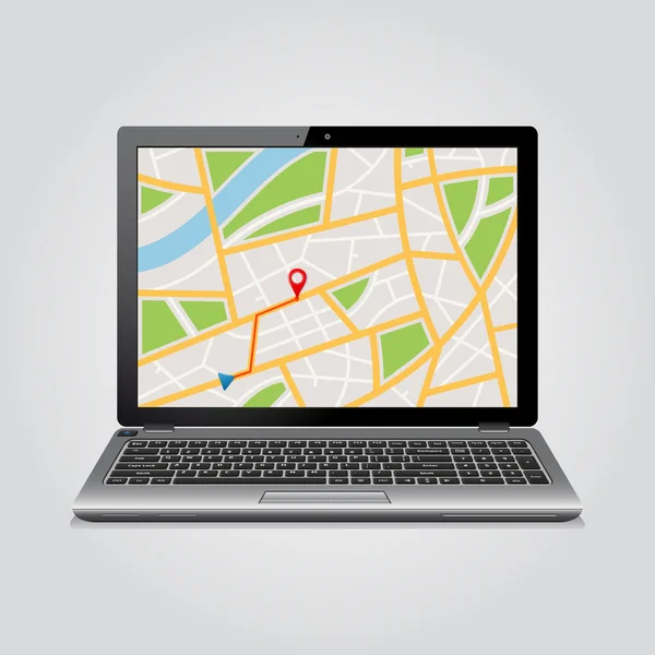 Mappa GPS in mostra del notebook moderno — Vettoriale Stock