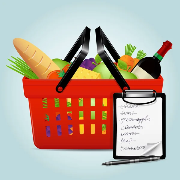 Cesta de compras con alimentos — Vector de stock