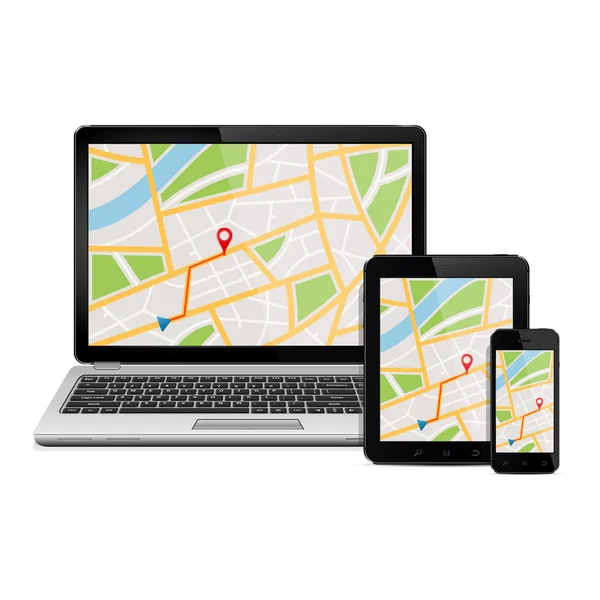 Concepto de navegación. Dispositivos digitales con mapa de navegación GPS — Vector de stock