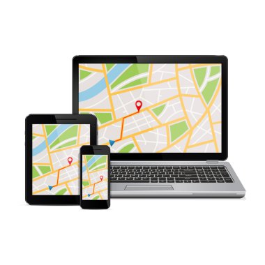 Modern dijital cihazlar ekranda GPS navigasyon haritası