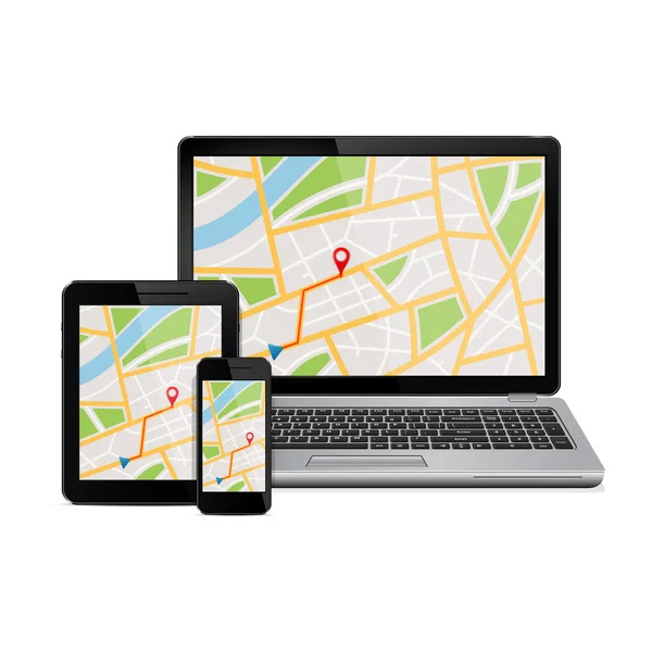 Mapa de navegación GPS en la pantalla de dispositivos digitales modernos — Vector de stock