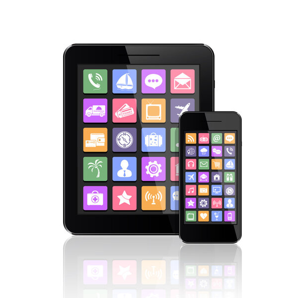 Mobile phone and tablet PC with apps icons