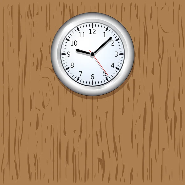 Reloj de pared sobre fondo de madera — Vector de stock
