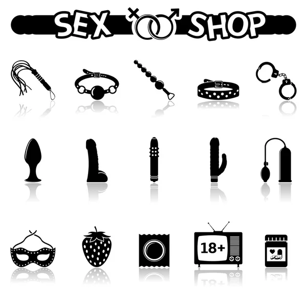 15 Sexshop-Ikonen mit Spiegelung — Stockvektor