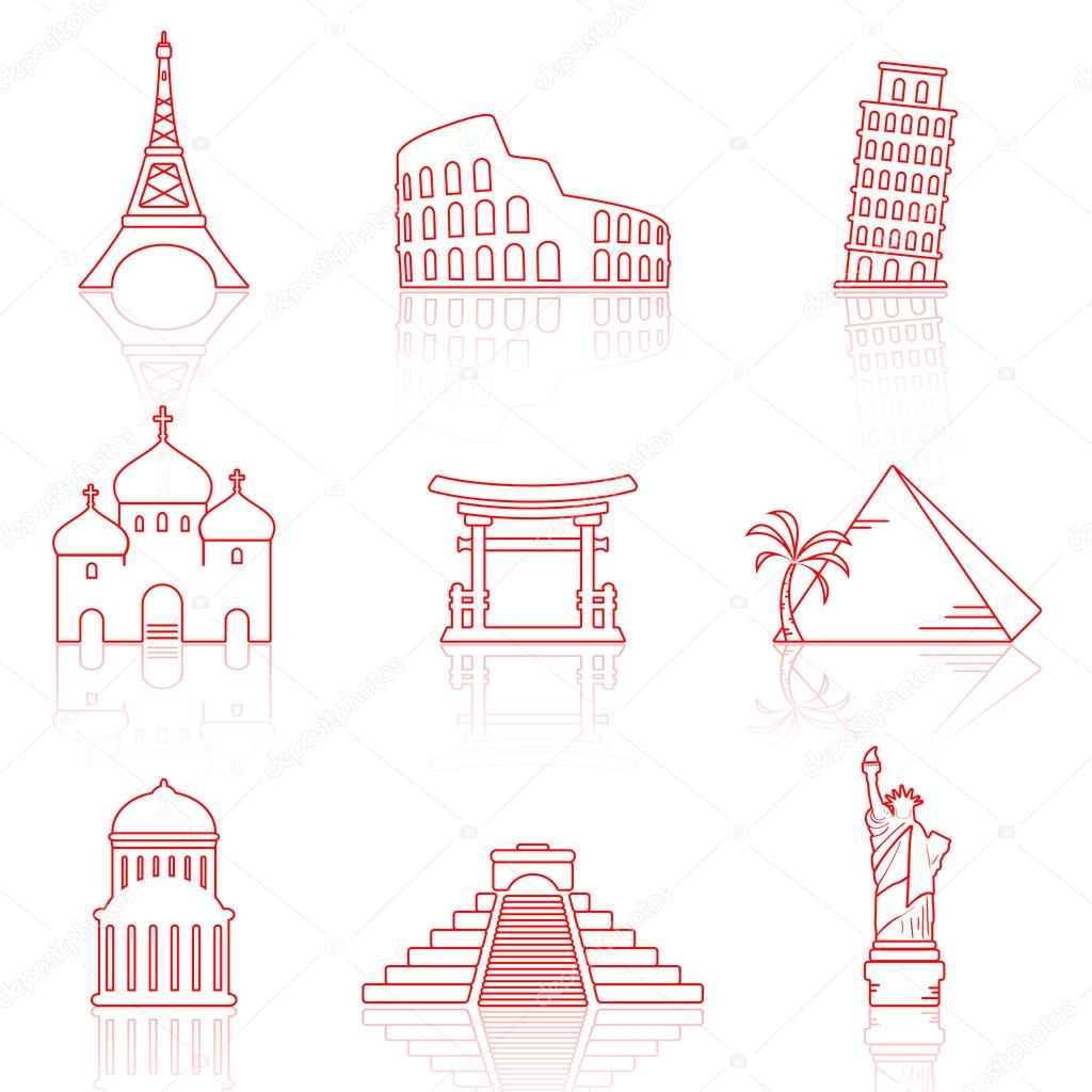 World landmarks line icons