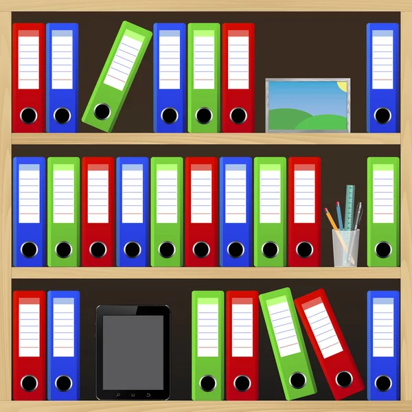 File folders standing on the shelves at office — Stock Vector