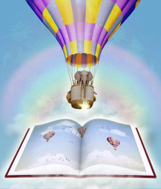 Kitap ve fil gökyüzünde. İllüstrasyon