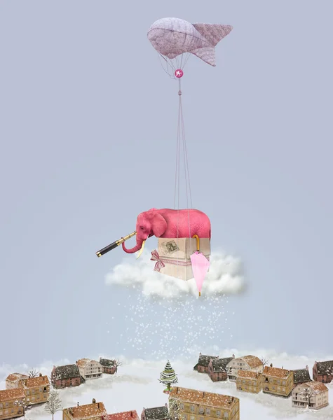 Elephant on a cloud with a telescope. Winter landscape. — Stock Photo, Image