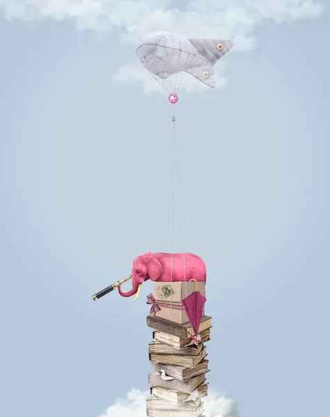 Rosa elefant i himlen med böcker. Illustration. — Stockfoto