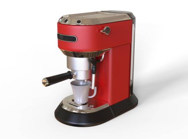 Beyaz arka planda kırmızı espresso kahve makinesi. 3 Boyutlu Hazırlama.