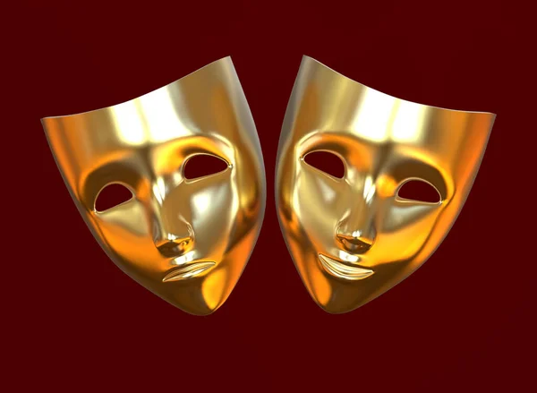 Golden Theatre Masks Drama Comedy Red Background Image — Stock Photo, Image