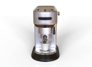 Beyaz arka planda gümüş espresso kahve makinesinin ön görüntüsü. 3 Boyutlu Hazırlama.