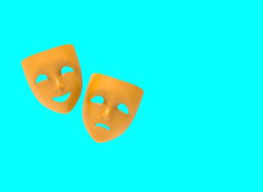 Drama ve komedi maskeleri mavi arka planda izole edilmiş. 3B resim.