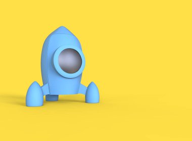 Sarı arka planda izole edilmiş çizgi film roketi. 3B illüstrasyon.