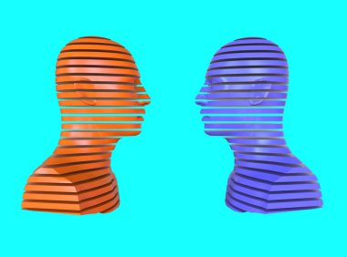 3D abstract illustration. Two people opposite each other. Minimal concept clipart