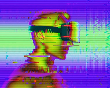 Arttırılmış gerçeklik gözlüğü takan bir adam. VR AR gözlükleri. Geleceğin yeni teknolojileri ve teknolojileri ile ilgili 3 boyutlu bir kavram..