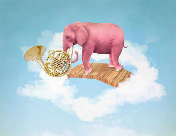 Roze Olifant Lucht Met Een Franse Hoorn Illustratie Stockfoto