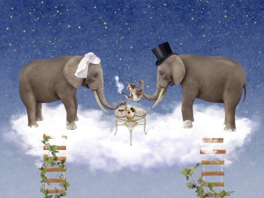 Two elephants in love at wedding ceremony in the sky.